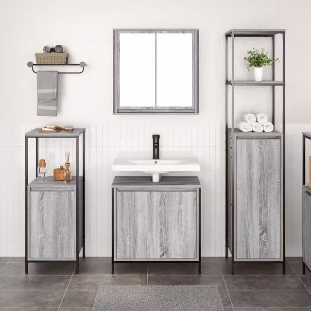 Berkfield Home 3 Piece Modern Grey Bathroom Furniture Set with Vanity Unit and Tall Cabinet