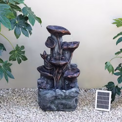 Primrose Solar Power Lily Pad Rock Cascade Water Feature with LEDs in Bronze and Brown, H 76 cm – 1