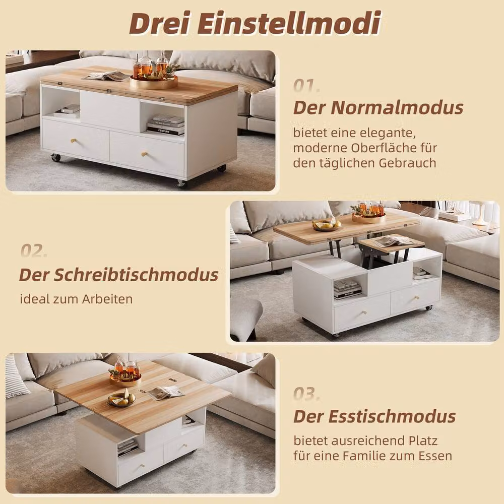 Rolipo White Lift Top Coffee Table with 4 Drawers, Wheels and Extendable Top, 2 Pack – 3