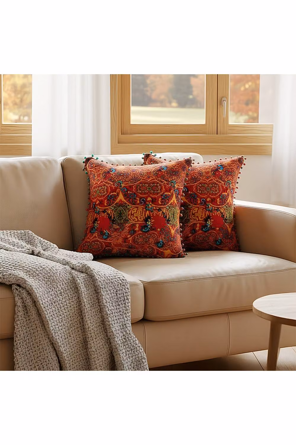 Living and Home Pack of 2 Red Ethnic Pattern Linen Throw Pillows with Inserts, W/D/H: 45 x 45 x 45 cm – 2