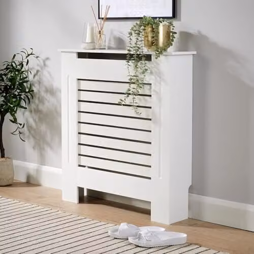 Home Source White Wooden MDF Radiator Cover Wall Cabinet Shelf with Slatted Grill, W: 78 cm, H: 82 cm, D: 19 cm