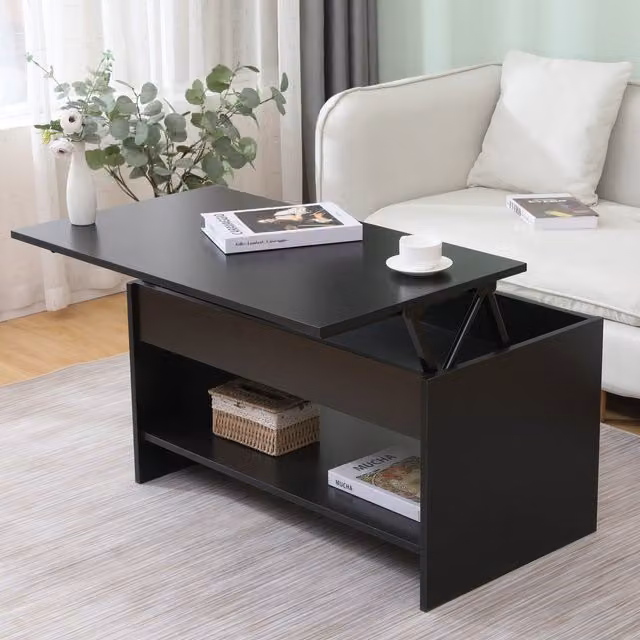 HMD Black Coffee Table with Lift Up Top and Bottom Storage Shelf in Grey and Black