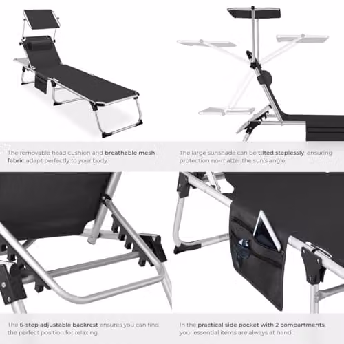 tectake Black Aluminium Folding Sun Lounger with Sun Canopy and Adjustable Headrest – 5