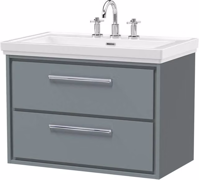 Balterley Modern Wall Hung 2-Drawer Bathroom Vanity Unit with Fireclay Basin, Grey, Width: 80 cm – 1