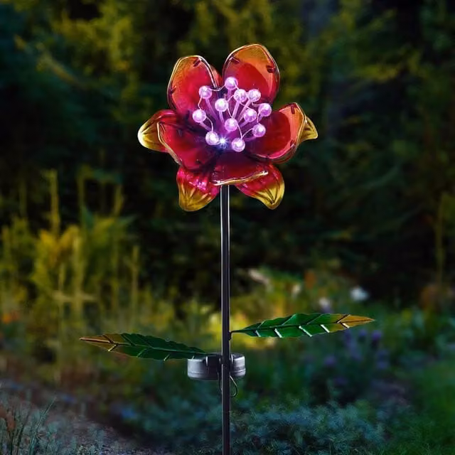 mysmartbuy Solar Floral Garden Stake Light with Pink Multicolour Hand-Painted Glass Petals and Cool White LED Bulbs