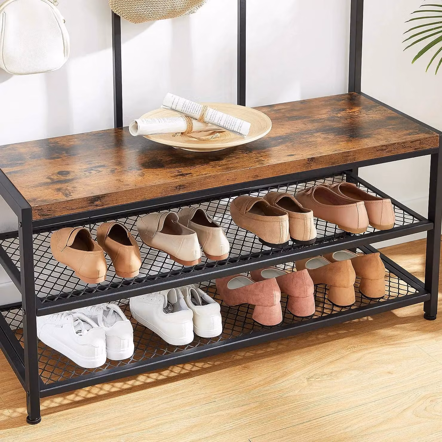 VASAGLE Industrial Hall Tree with Shoe Bench and 12 Hooks in Brown and Black – 4