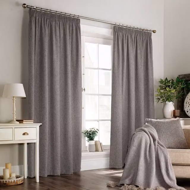 Make It A Home Harrison Herringbone Weave Pencil Pleat Curtain Pair, Grey, Width: 117 cm