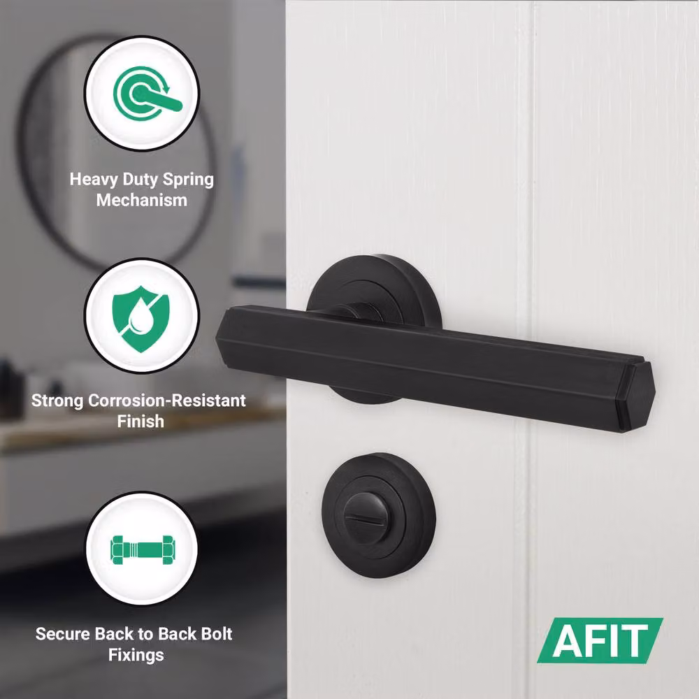 AFIT Matt Black Aluminium Bathroom Door Handle Set with Lock and Hinges – 2