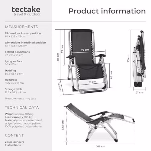 tectake Set of 2 Black Textilene Sun Loungers with Powder Coated Steel Frame, Adjustable Headrest, Armrests and Side Tray – 3