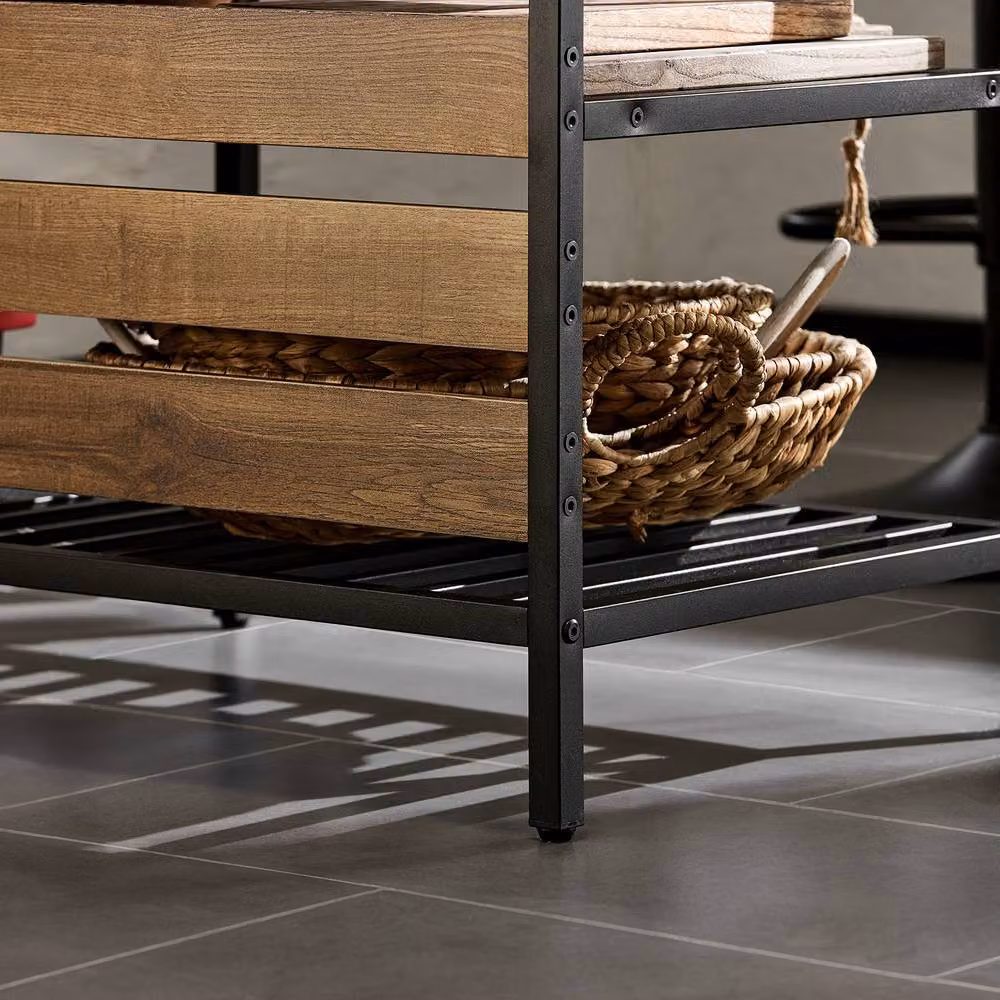 SoBuy Industrial Kitchen Island with Open Shelves and 2 Drawers, Brown and Black, W: 120.0 cm, D: 45.0 cm, H: 91.0 cm – 6