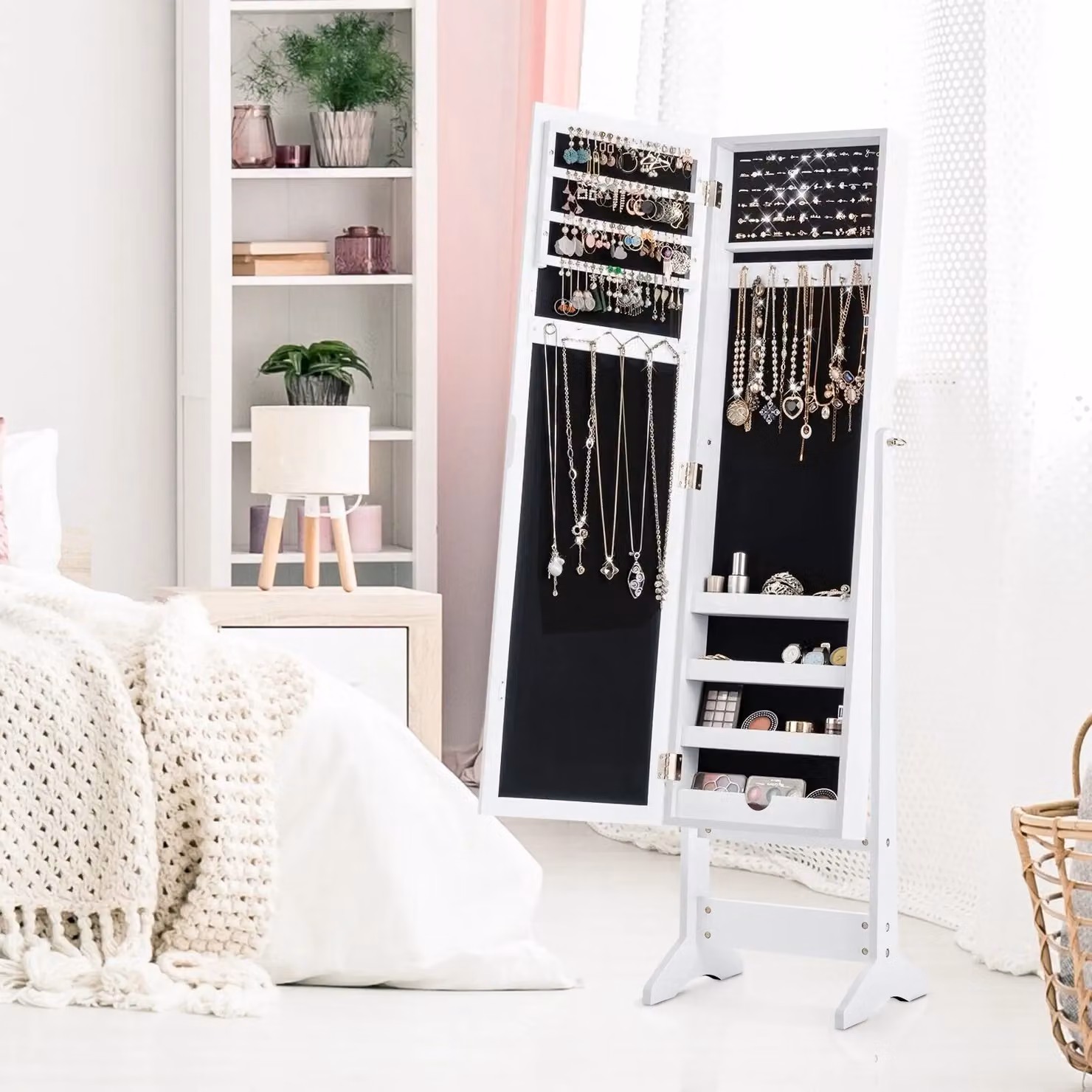 Costway White Mirrored Standing Jewelry Armoire with Full-Length Mirror and Internal Shelves – 3