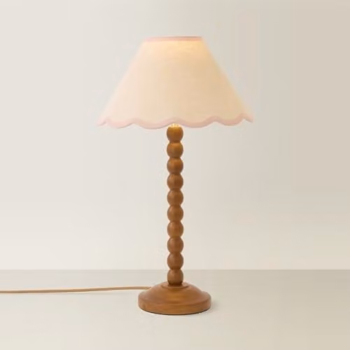 ValueLights Bobbin Walnut Table Lamp with Pink Fabric Linen Shade