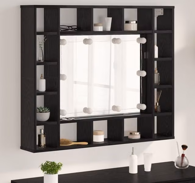 Berkfield Home Wall-mounted Mirror Cabinet with LED Lighting and Internal Shelves in Black Oak