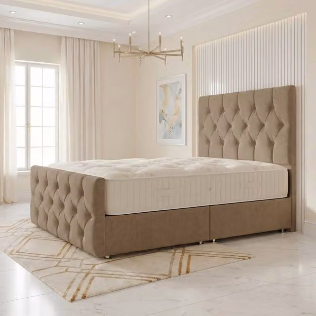 Somnior Ziggy Linen Divan Bed with Spring Mattress and Headboard and Footboard in Brown, W/D/H: 140 x 200 x 28 cm