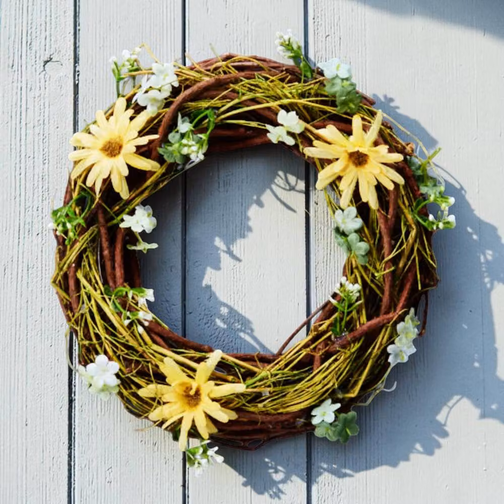 Four Candle Small Spring Daisy Decorative Floral Wreath in Brown, Yellow, White and Green, Diameter: 24 cm – 2