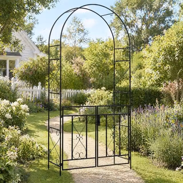 STILVORA Black Steel Garden Arch with Gate, H 232 cm x W 114 cm x D 36 cm – 1
