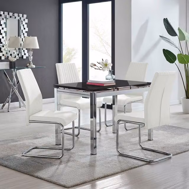 Furniturebox Enna Black Glass Extending Dining Table and 4 Lorenzo Chairs in White