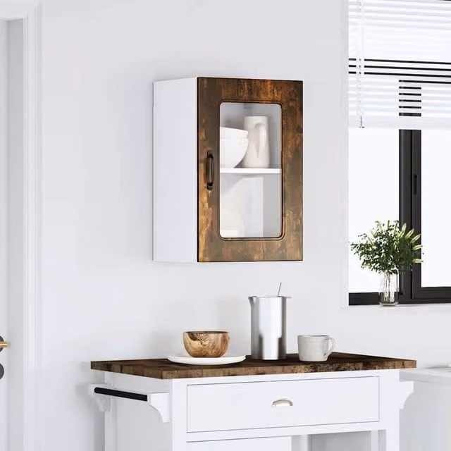 Berkfield Home Kalmar Wall Mounted Kitchen Cabinet with Glass Doors in Smoked Oak Brown, W/D/H: 60 x 31 x 40 cm
