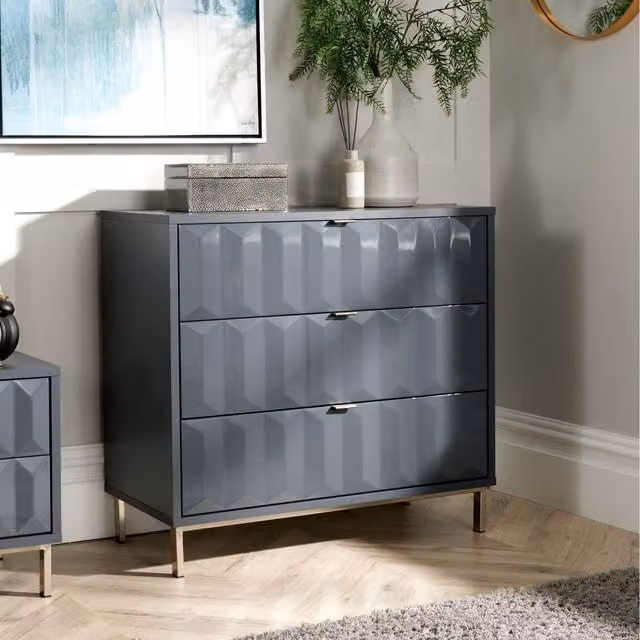 Home Source Siena High Gloss Modern 3 Drawer Chest Bedroom Storage Unit in Grey
