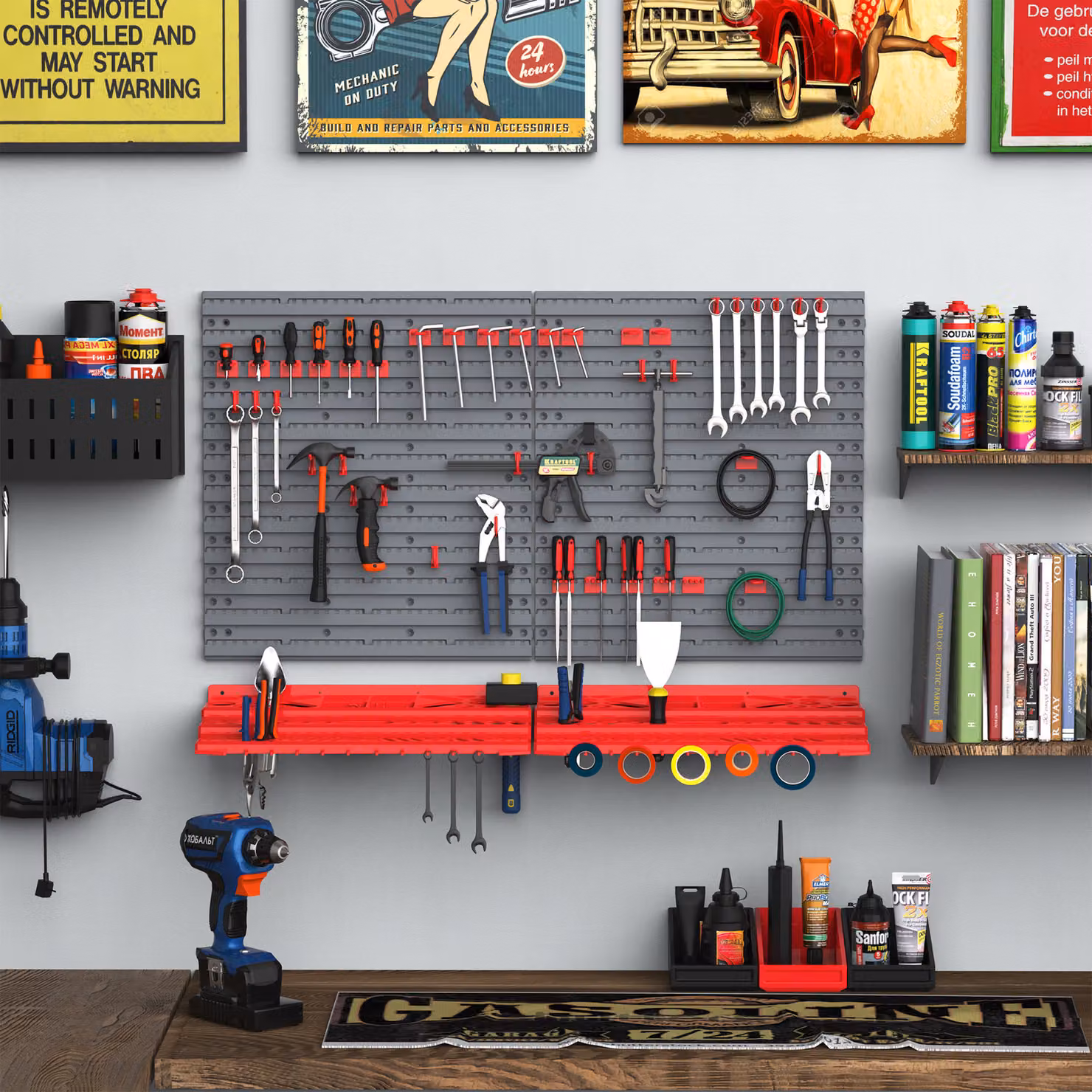 DURHAND Wall Mounted Tool Storage Board 54 Piece Set with Pegboard, 50 Pegs and 2 Shelves for Workshop or Garage – 2