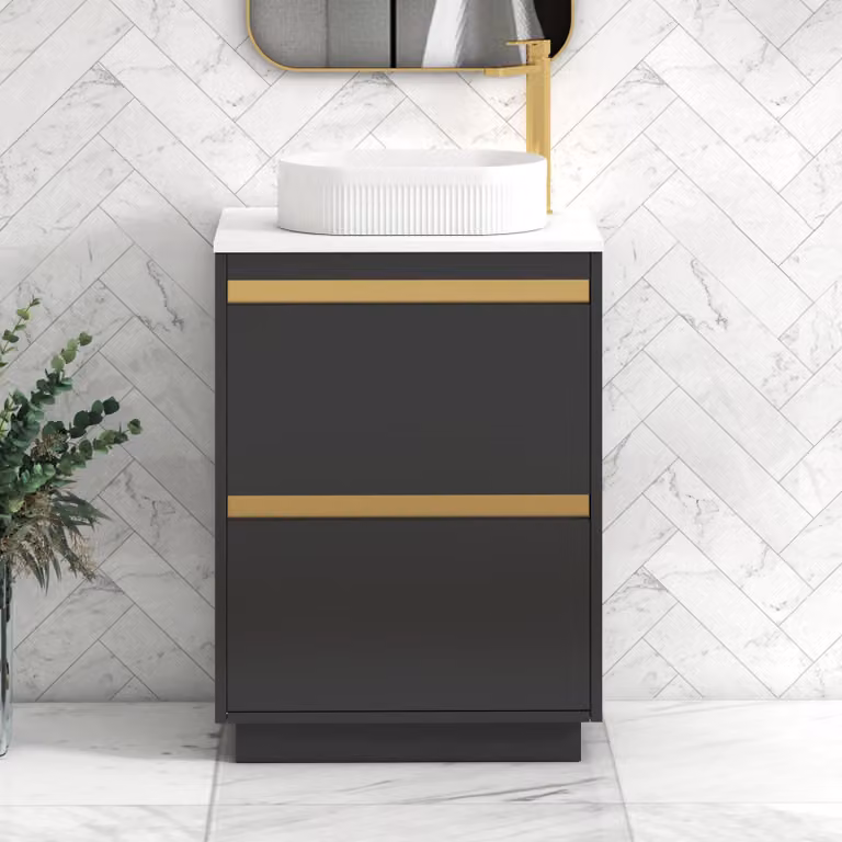 Royal Bathrooms Orion 600mm Matt Obsidian Black Floor Standing 2 Drawer Vanity Unit with Plain White Lyon Basin and Brushed Brass Accent Trim