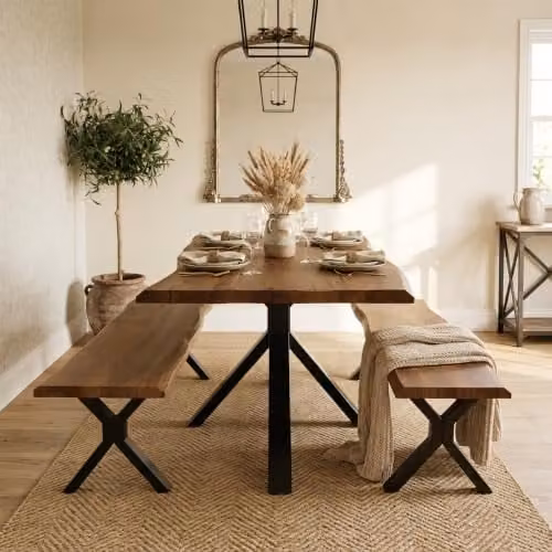 KOSY KOALA 4 Seater Dining Table and 2 Benches Set, Rustic Brown Wood Effect Rectangular Table with Black X-Frame Metal Legs, W/D/H: 140 x 80 x 75 cm – 1