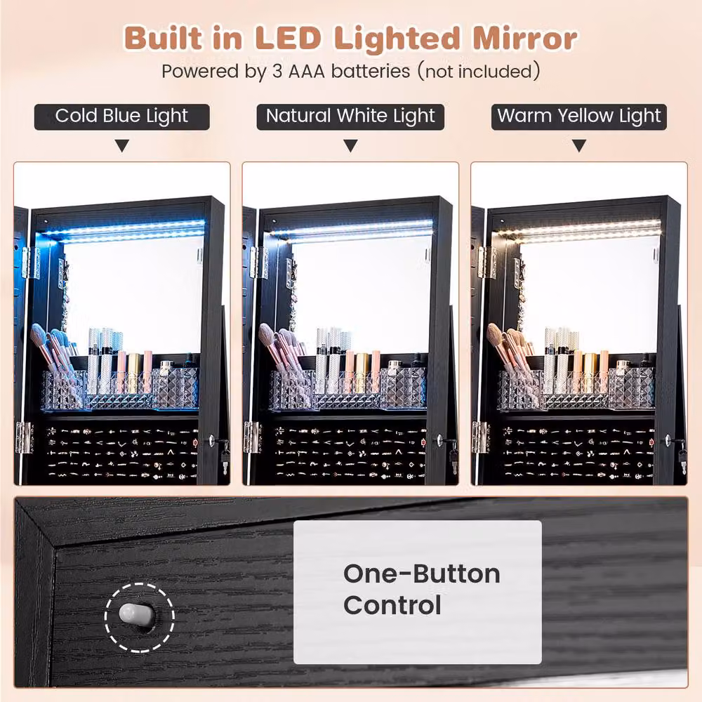 Costway 3-in-1 Black Jewelry Armoire with 360 Degree Swivel Mirror, LED Lighting and Lock – 7