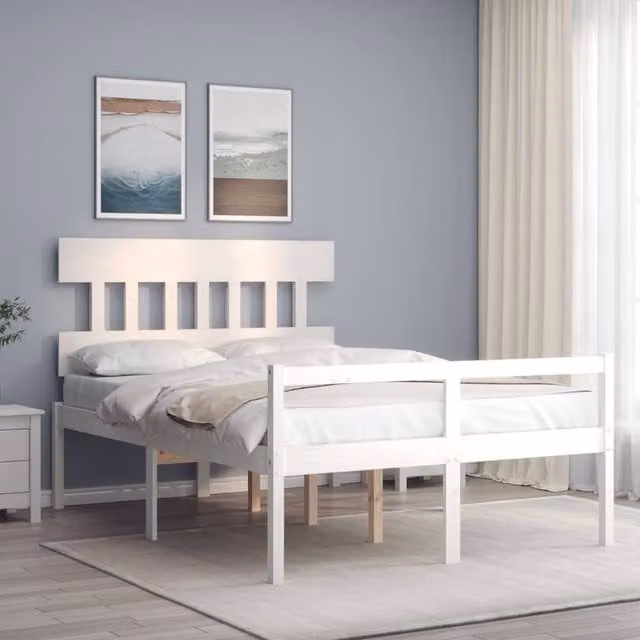 Berkfield Home White Solid Pine Bed Frame with Headboard W/D/H: 140 x 190 cm