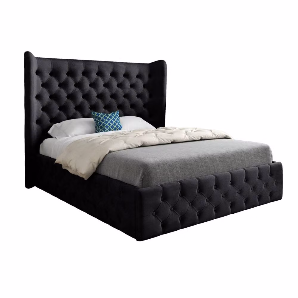 KDMD Lawford Wide Winged Upholstered Designer Bed Frame in Black Soft Velvet, Size: Single (W: 90 cm, H: 137 cm, D: 128 cm) – 2