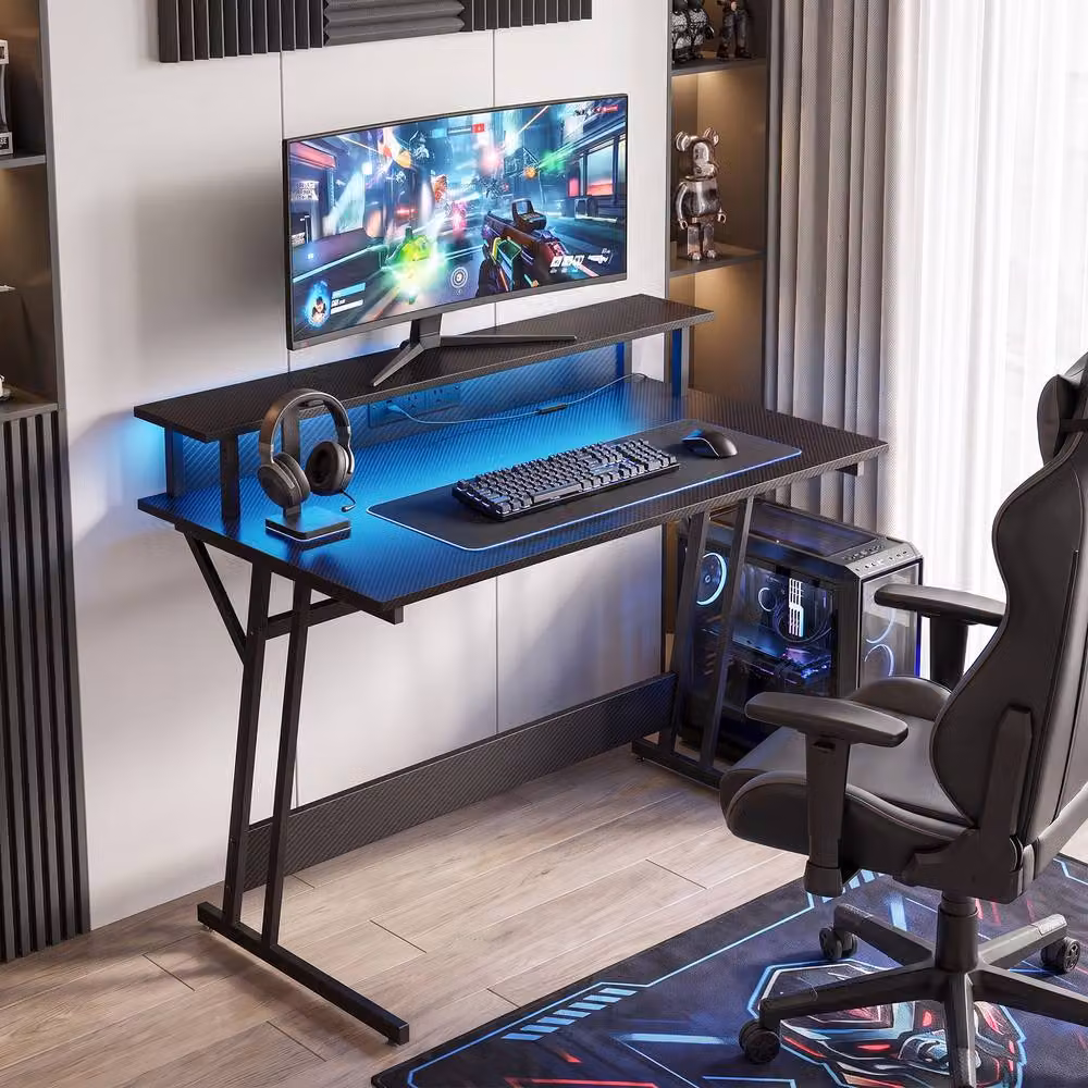 Rolipo Two-Level LED Gaming Desk in Black with Matt MDF Laminate and Metal Frame – 4