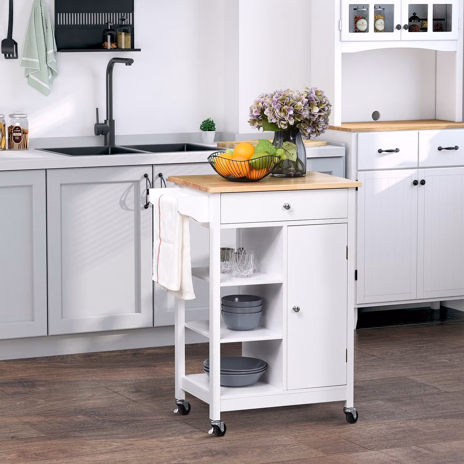 HOMCOM White Kitchen Trolley with Wood Top, 3 Shelves and Drawer – 2