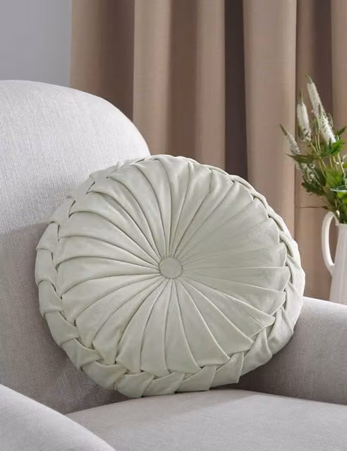 Laura Ashley Rosanna Round Pleated Velvet Cushion in Green