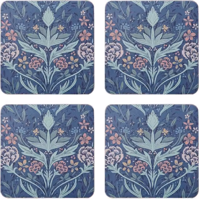 Creative Tops Blue Floral Absorbent Cork and Glass Coasters, Set of 4, Diameter: 10.5 cm