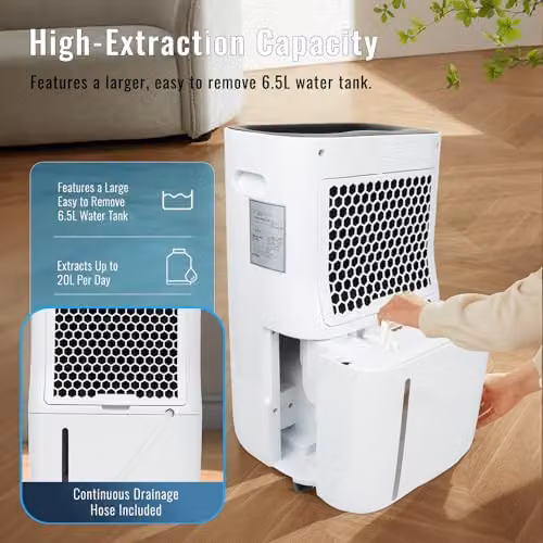 PureMate 20L Dehumidifier in White with Continuous Drainage and 24-Hour Timer – 3