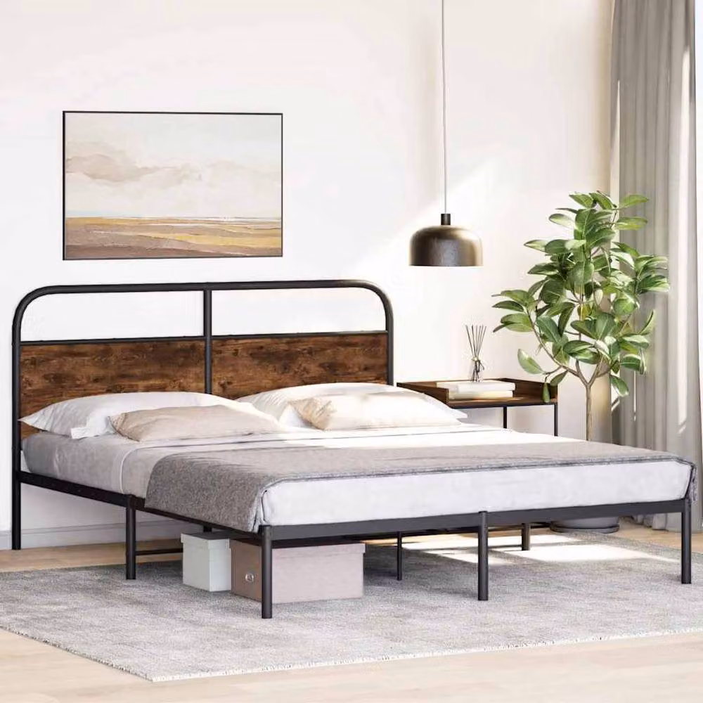Berkfield Home King Size Bed Frame in Smoked Oak Wood and Metal, Brown, W: 150 cm, L: 200 cm – 3
