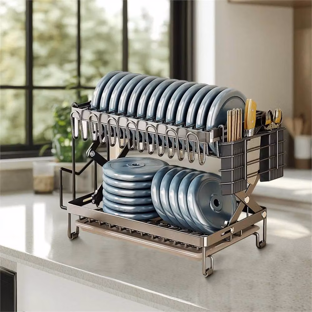 Nordara 2-Tier Grey Metal Dish Drying Rack with Cutlery Holder and Drip Tray, W: 100 cm, D: 15 cm, H: 31.5 cm – 5