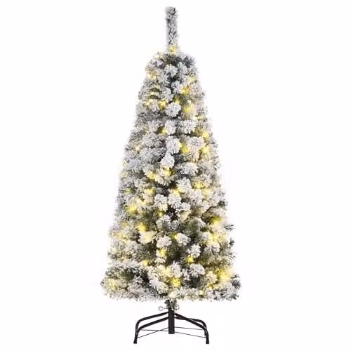 HOMCOM 4ft Prelit Artificial Snow Flocked Christmas Tree in Green and White – 1