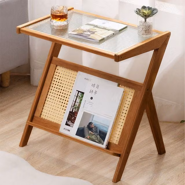 Komore Mid-Century Rectangular Bamboo Side Table with Glass Top in Brown