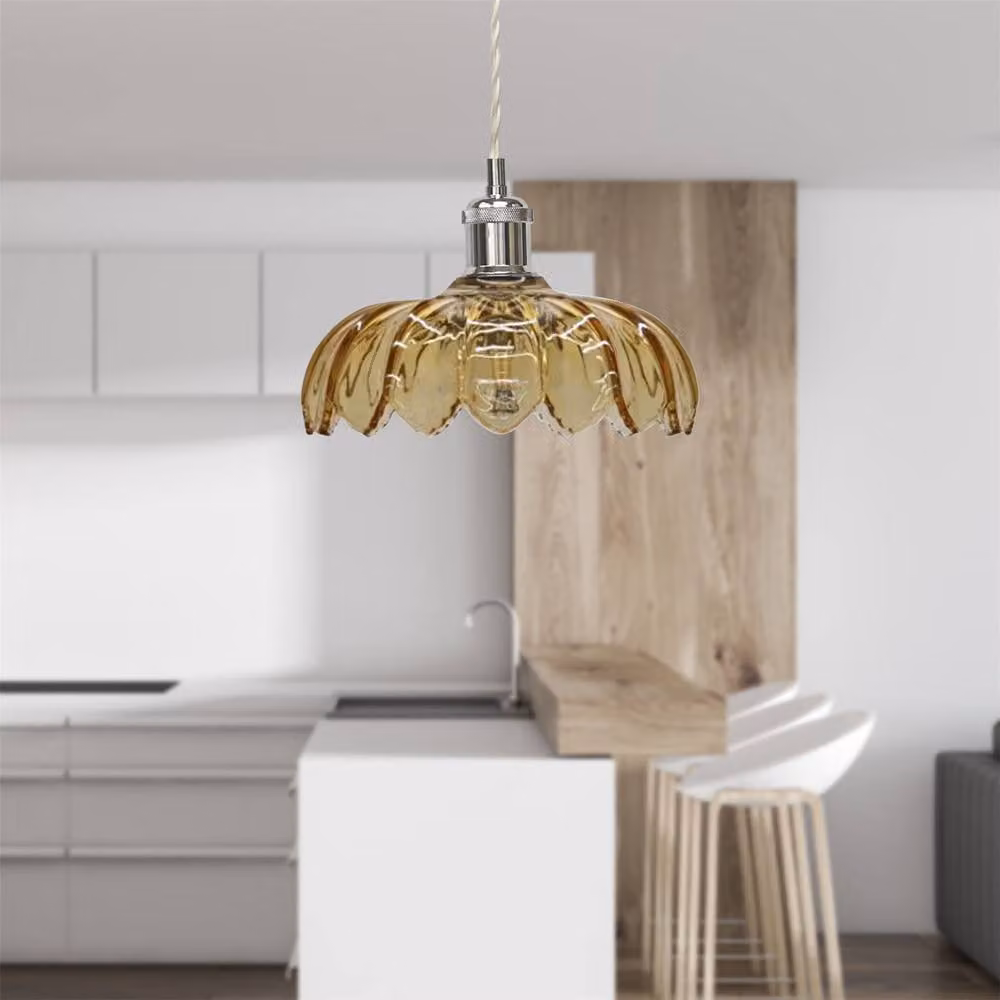First Choice Lighting Alice Amber Leaf Design Glass Pendant Shade with Chrome Flex Set – 2