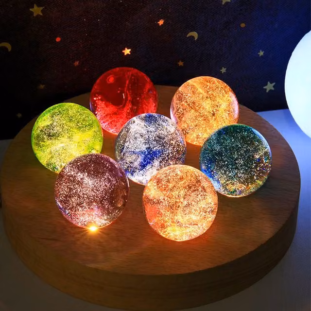 Leaper Seven Starry Sky Multicolour Crystal Glass Bead Sphere Night Light with Round Wood Base