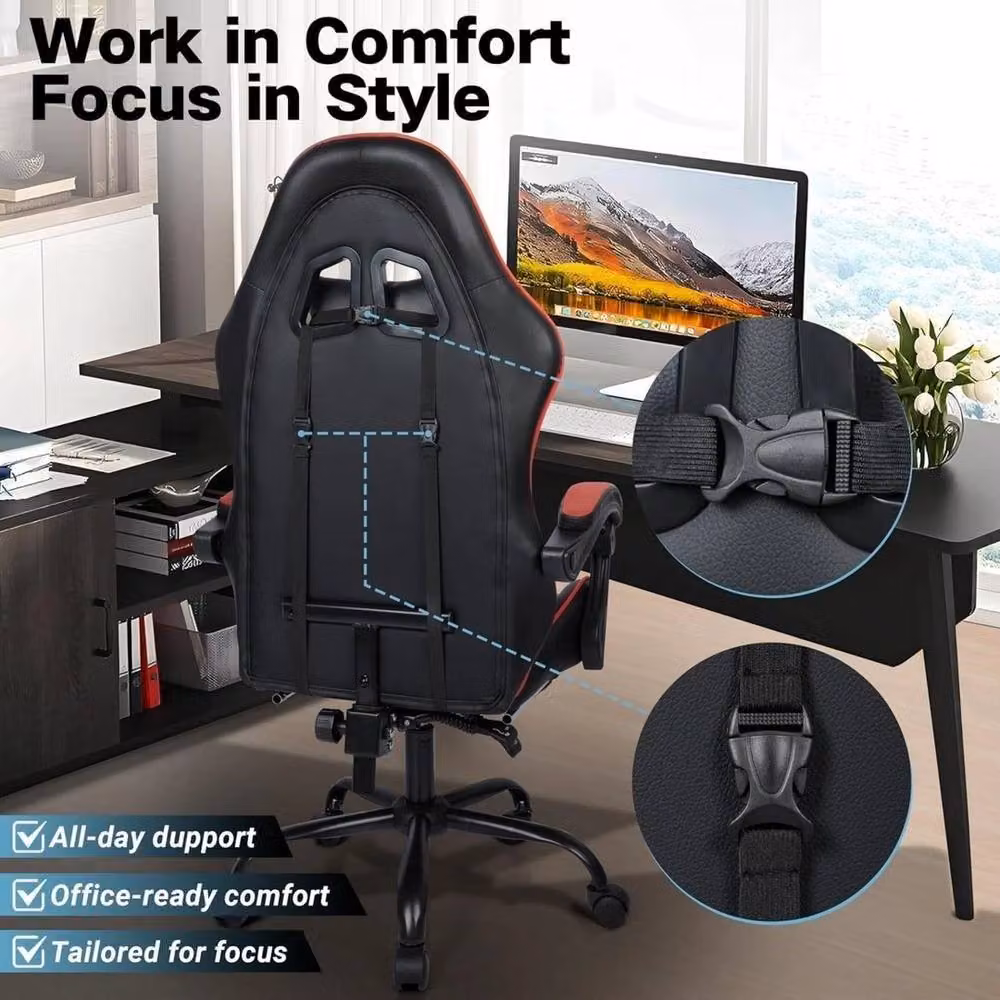 PAWNORA Black and Red Sporty Gaming Chair with Footrest, Headrest and Armrests – 4