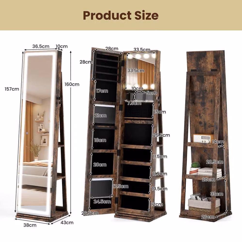 Costway 360 Swivel Freestanding Jewelry Cabinet and Storage Organiser in Brown with LED Lighting and Mirror – 2
