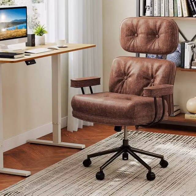 Gymax Brown Suede Fabric Home Office Task Chair with Headrest, Armrests and Swivel Castors