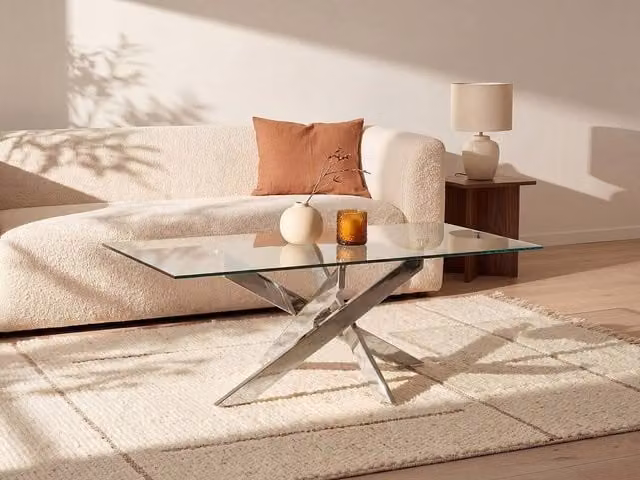 COSIMA Round Tempered Glass and Silver Metal Coffee Table, W/D/H: 60 x 60 x 45 cm