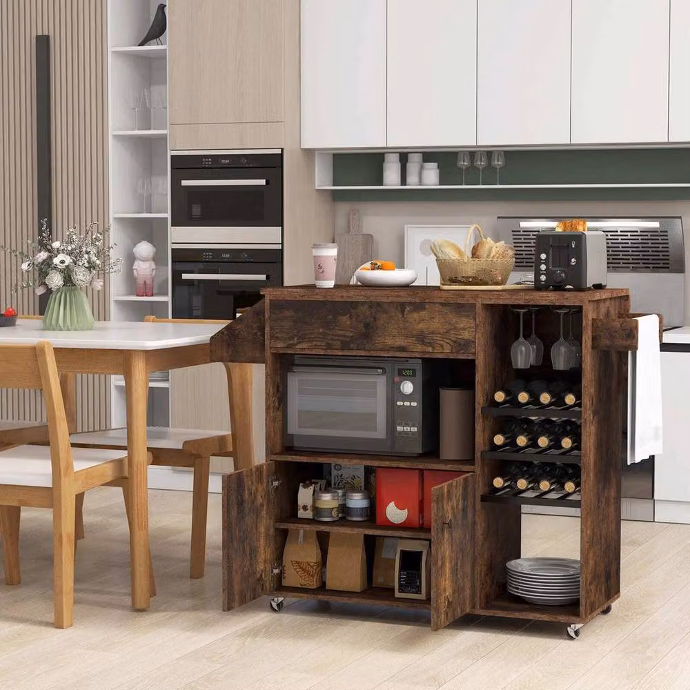 Hinsinc Drop Leaf Kitchen Island Cart Mobile Buffet Serving Cart in Brown – 4