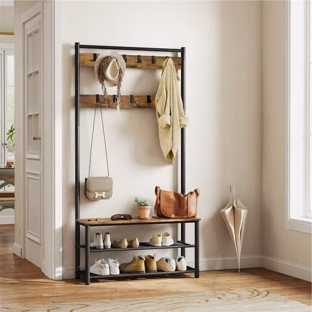 Yaheetech Industrial Metal Hall Tree with Shoe Storage Bench in Rustic Brown and Black