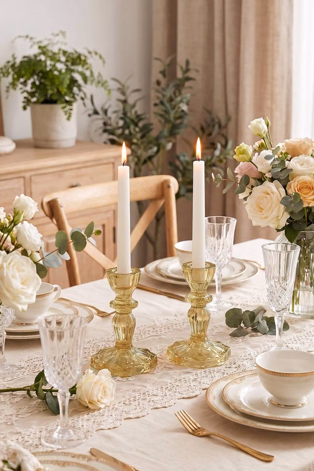 Living and Home 2 Pack Amber Glass Taper Candlestick Holders – 3