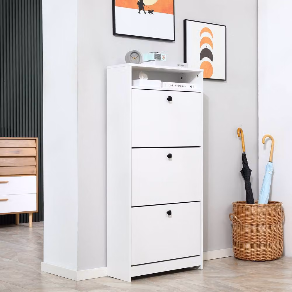 ERGOVEXA White Narrow Shoe Cabinet with 3 Tilting Compartments and Open Shelf – 3