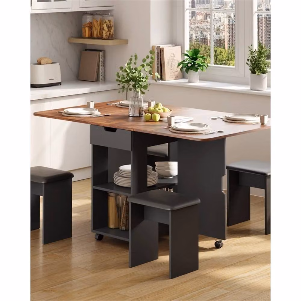 Nordara Brown Wood Folding Drop Leaf Dining Set with Rectangular Table and 4 Chairs – 4