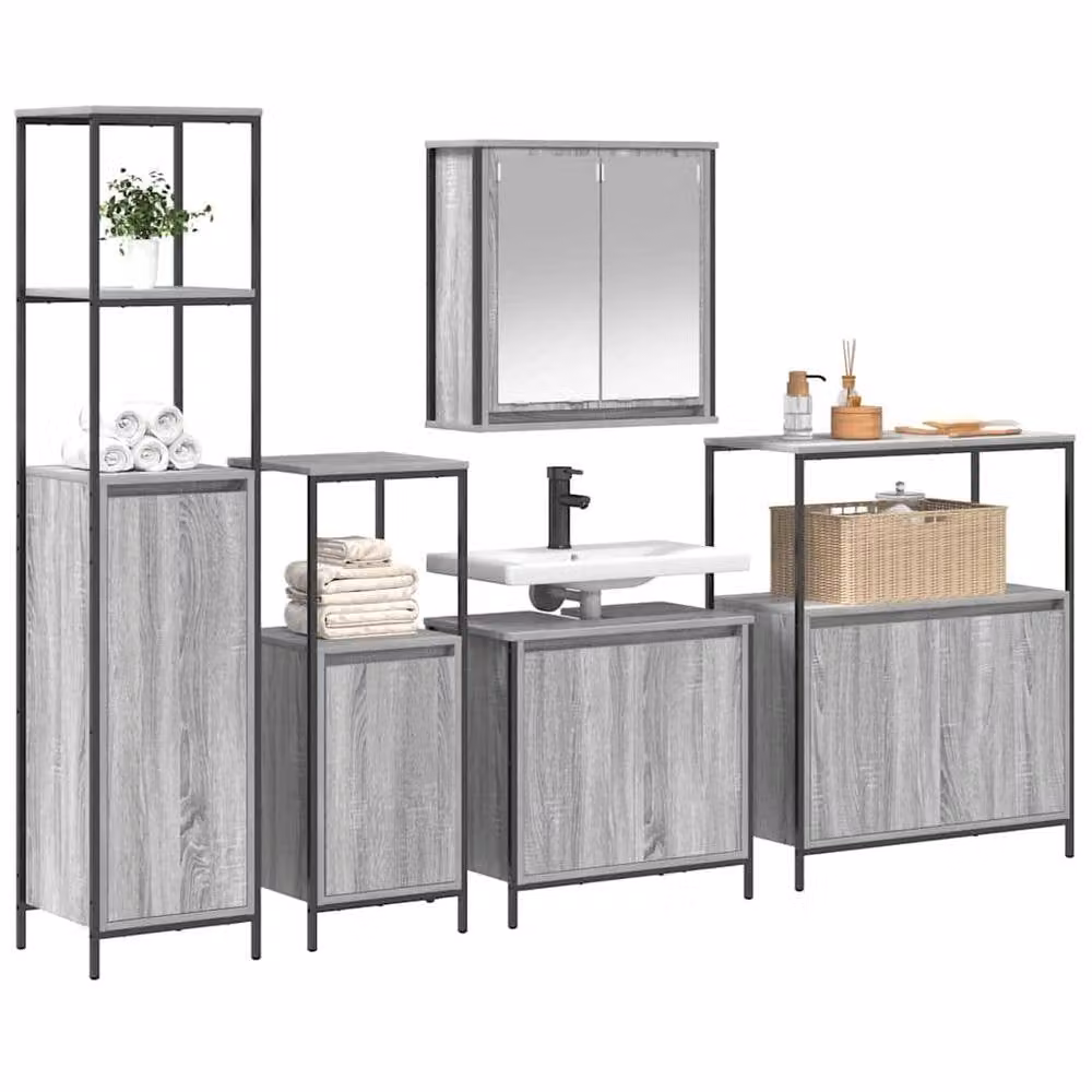 Berkfield Home 5-Piece Modern Grey Bathroom Furniture Set with Vanity Unit, Tall Cabinet and Wall Cabinet – 2
